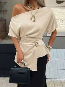 Siren Gaze Women's Beige Summer Elegant Dinner Date Asymmetrical Pleated Shirt, Metal Button Decor Asymmetric Collar Shoulder Blouse Classy Chic Summer Top