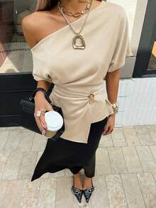Siren Gaze Women's Beige Summer Elegant Dinner Date Asymmetrical Pleated Shirt, Metal Button Decor Asymmetric Collar Shoulder Blouse Classy Chic Summer Top
