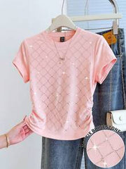 SHEIN 2026 Summer Women Pink Rhinestone Grid Print Ruched Side T Shirt Casual Crew Neck Short Sleeve Slim Fit Crop Top For Going Out