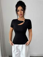 SHEIN Raffin&eacute;a Women's Asymmetric Neckline Black Short Sleeve Top