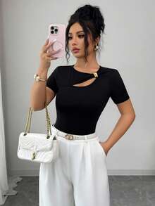 SHEIN Raffin&eacute;a Women's Asymmetric Neckline Black Short Sleeve Top