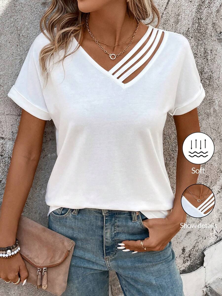 SHEIN LUNE Women's Solid Color Short Sleeve T-Shirt With Asymmetric Neckline,Casual