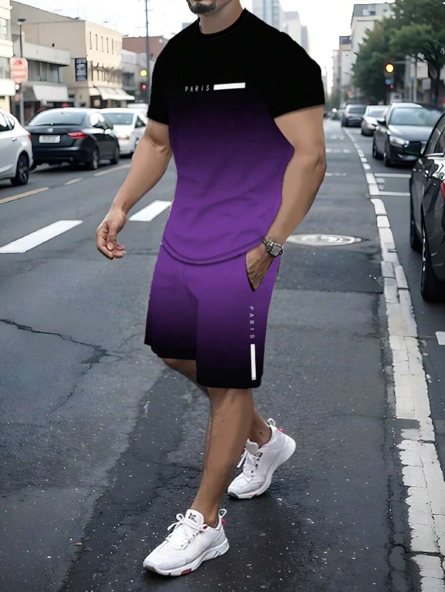 Muška majica kratkih rukava sa ombre bojom i "PARIS" printom i šorts
