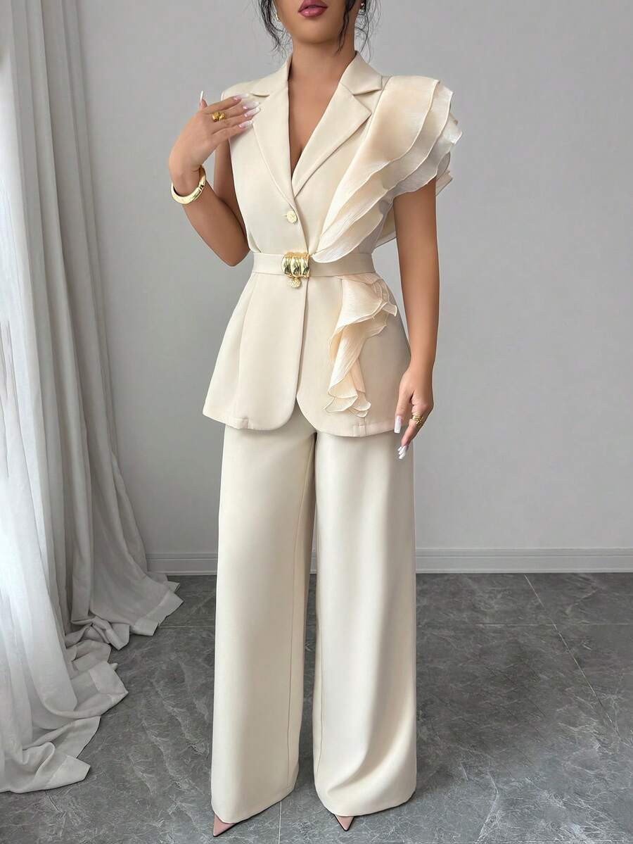 Ženski elegantni letnji luksuzni set -blejzer sa volanim kragnom i vezivanjem u struku uz pantalone