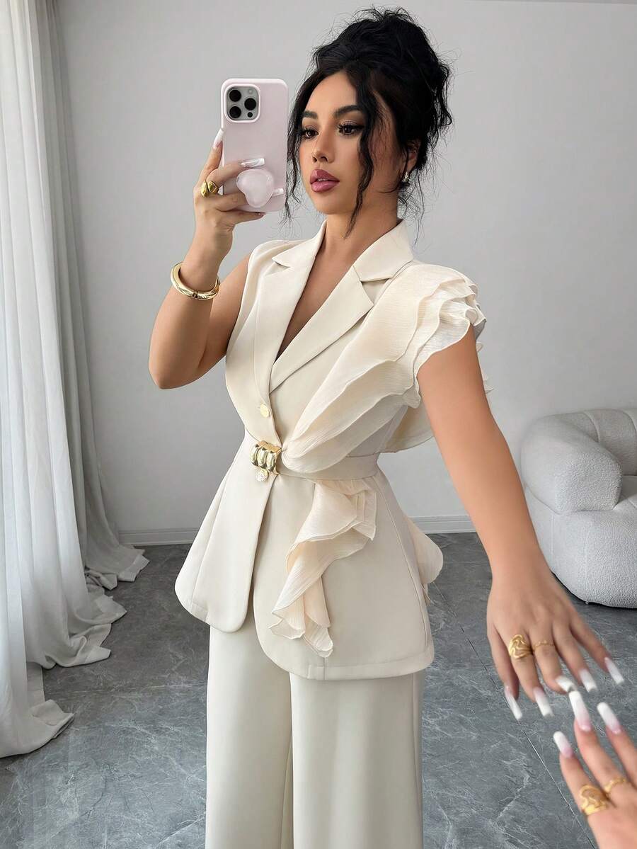 Ženski elegantni letnji luksuzni set -blejzer sa volanim kragnom i vezivanjem u struku uz pantalone
