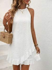 SHEIN Vacation Casual Solid Color Halter Neck Ruffle Hem Dress