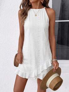 SHEIN Vacation Casual Solid Color Halter Neck Ruffle Hem Dress