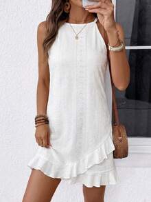 SHEIN Vacation Casual Solid Color Halter Neck Ruffle Hem Dress
