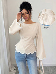 Elenzga 1pc Women's Spring/Summer Wavy Heart Woven Trim Ruched Waist Blouse