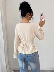 Elenzga 1pc Women's Spring/Summer Wavy Heart Woven Trim Ruched Waist Blouse