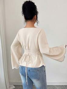 Elenzga 1pc Women's Spring/Summer Wavy Heart Woven Trim Ruched Waist Blouse