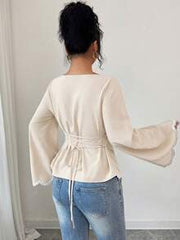 Elenzga 1pc Women's Spring/Summer Wavy Heart Woven Trim Ruched Waist Blouse