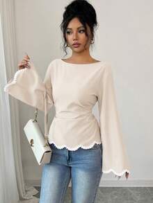 Elenzga 1pc Women's Spring/Summer Wavy Heart Woven Trim Ruched Waist Blouse