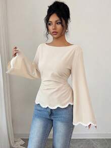 Elenzga 1pc Women's Spring/Summer Wavy Heart Woven Trim Ruched Waist Blouse