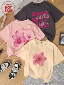3pcs/Set Cute Floral Printed Daily Casual Round Neck Short Sleeve T-Shirt, Simple And Fashionable For Women Summer