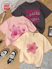 3pcs/Set Cute Floral Printed Daily Casual Round Neck Short Sleeve T-Shirt, Simple And Fashionable For Women Summer