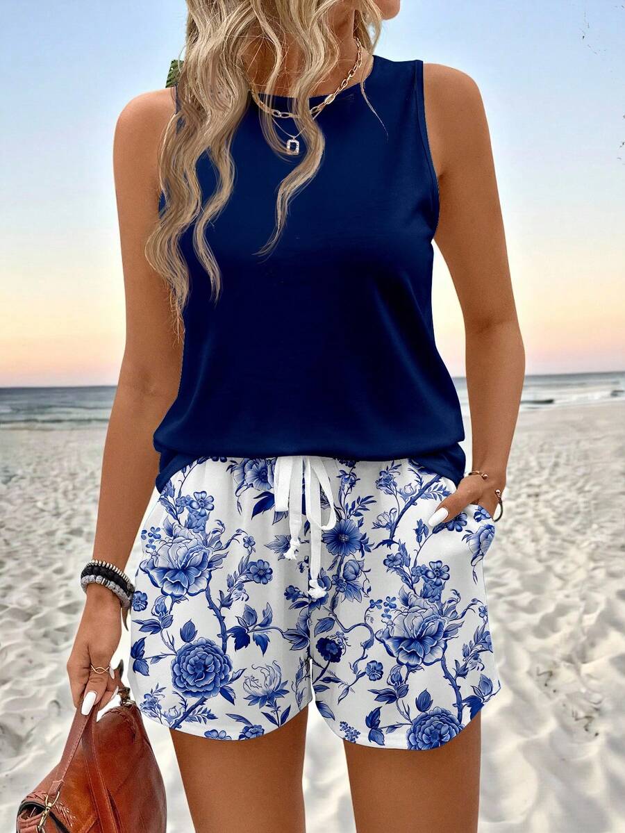 Ženski  Set Letnji Casual Top sa Okruglim Izrezom i Šorts