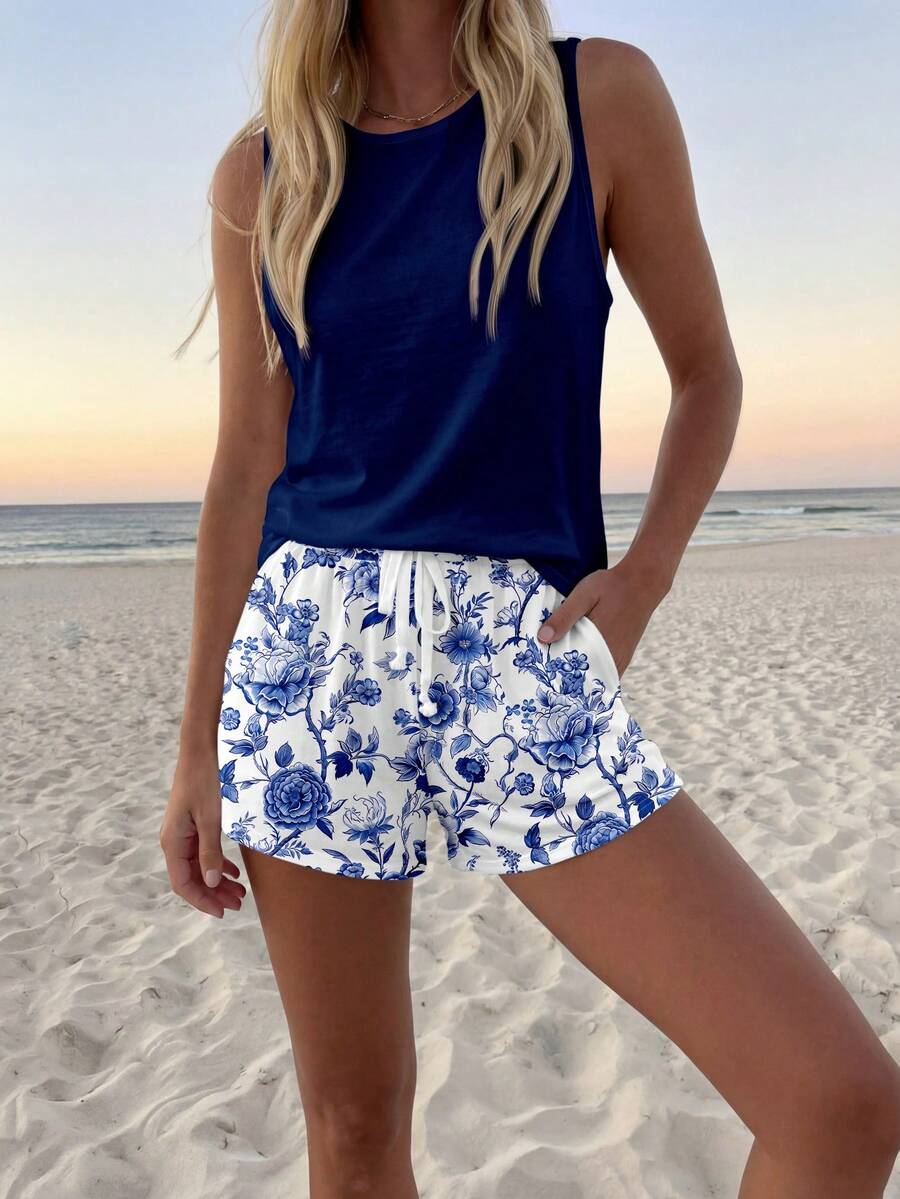 Ženski  Set Letnji Casual Top sa Okruglim Izrezom i Šorts