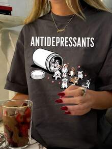 Cute Dog "Anti-Depressant" Printed Round Neck Short Sleeve T-Shirt