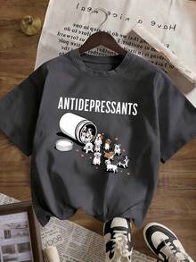 Cute Dog "Anti-Depressant" Printed Round Neck Short Sleeve T-Shirt