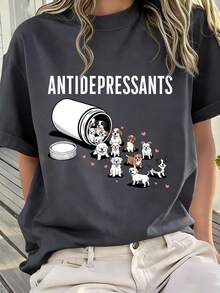 Cute Dog "Anti-Depressant" Printed Round Neck Short Sleeve T-Shirt
