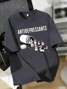Cute Dog "Anti-Depressant" Printed Round Neck Short Sleeve T-Shirt