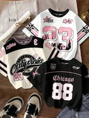 Attitoon 3pcs/Set Women's Loose T-Shirts, White And Pink Letter & Number Print Round Neck Short Sleeve Summer Tops, Streetwear School Chic Y2K Casual Style