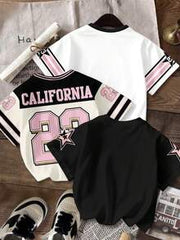 Attitoon 3pcs/Set Women's Loose T-Shirts, White And Pink Letter & Number Print Round Neck Short Sleeve Summer Tops, Streetwear School Chic Y2K Casual Style