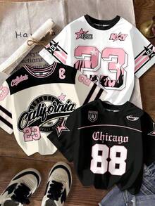 Attitoon 3pcs/Set Women's Loose T-Shirts, White And Pink Letter & Number Print Round Neck Short Sleeve Summer Tops, Streetwear School Chic Y2K Casual Style
