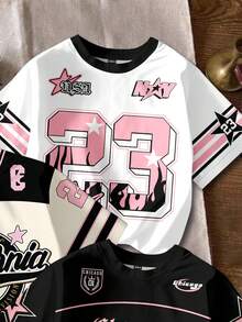 Attitoon 3pcs/Set Women's Loose T-Shirts, White And Pink Letter & Number Print Round Neck Short Sleeve Summer Tops, Streetwear School Chic Y2K Casual Style