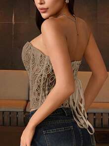 Yuwenier Elegant Mesh Hollow Semi-Transparent Waist Tie Back Boned Bustier Top
