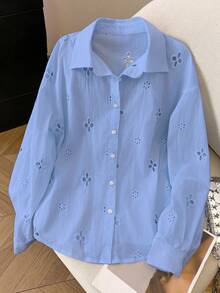 Franclia Women's Casual Mesh Embroidered Button-Down Long Sleeve Shirt