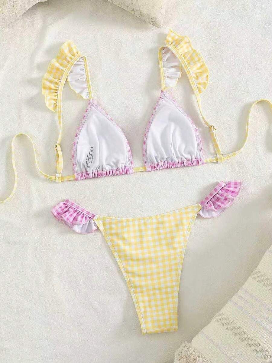 Ženski Seksi Roze i Žuti Karirani Bikini Set sa Volanima