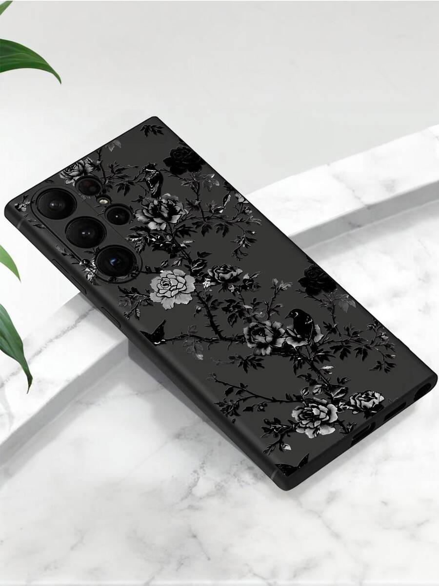 Luksuzna crna modna maskica za telefon sa cvetnim dezenom, premium anti-shock i anti-slip, kompatibilna sa Galaxy A04e/A05s/A13/A14/A15/A34/A35/A50/A52/A53/A54/S21/S22/S23/S24/S25/S25Ultra/24fe