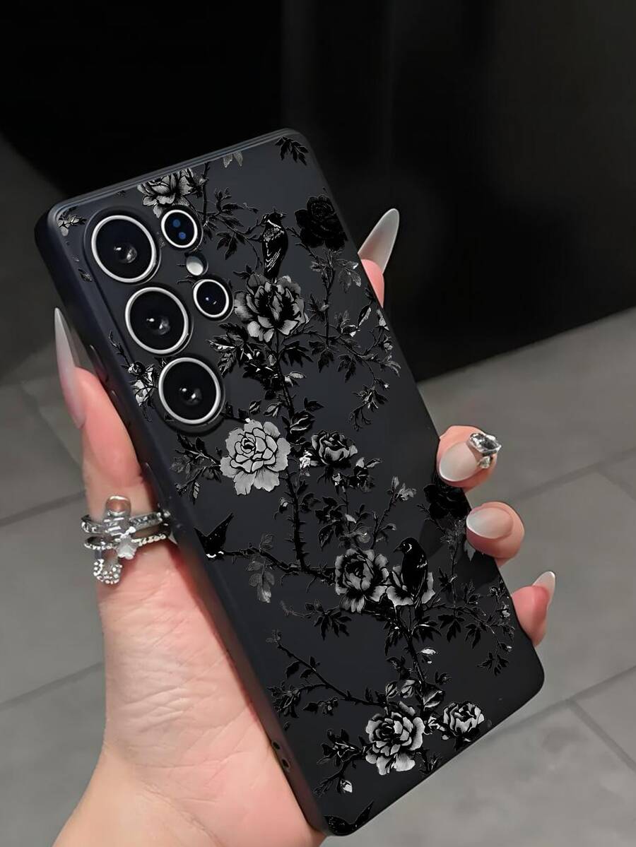 Luksuzna crna modna maskica za telefon sa cvetnim dezenom, premium anti-shock i anti-slip, kompatibilna sa Galaxy A04e/A05s/A13/A14/A15/A34/A35/A50/A52/A53/A54/S21/S22/S23/S24/S25/S25Ultra/24fe