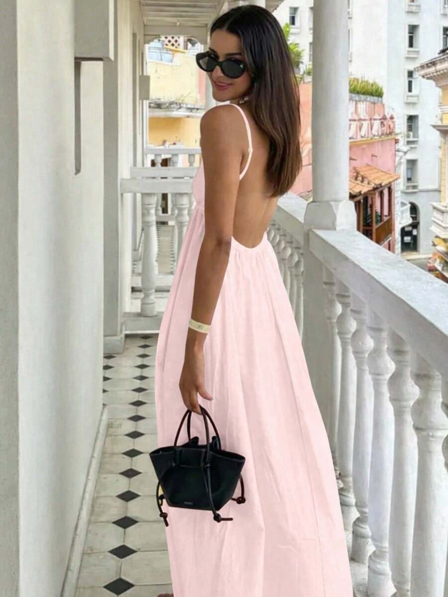 Cévolie Women's Vacation Casual Solid Color Backless Camisole Dress