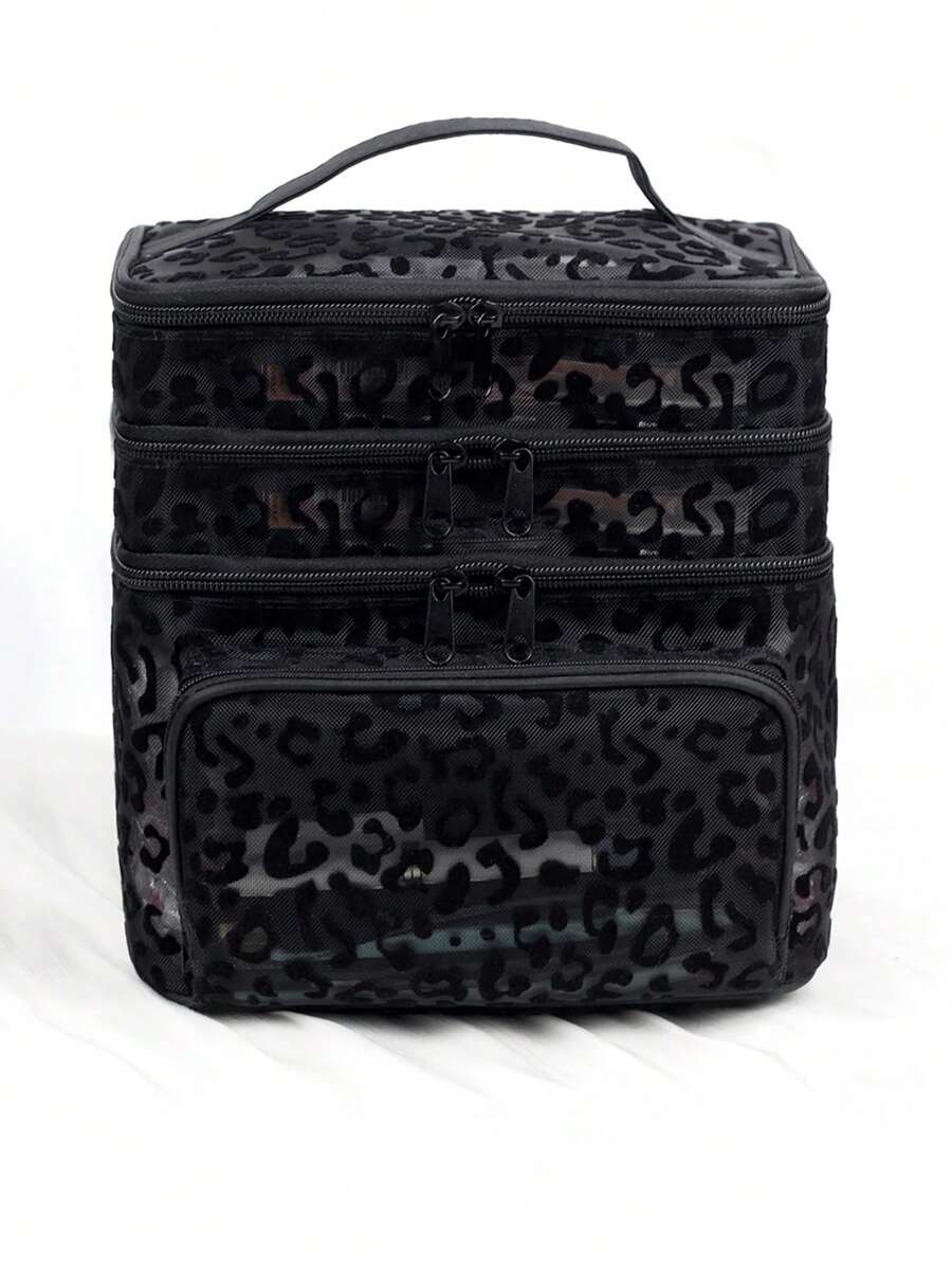 Crna minimalistička modna mrežasta torba za šminku sa leopard printom, veliki kapacitet