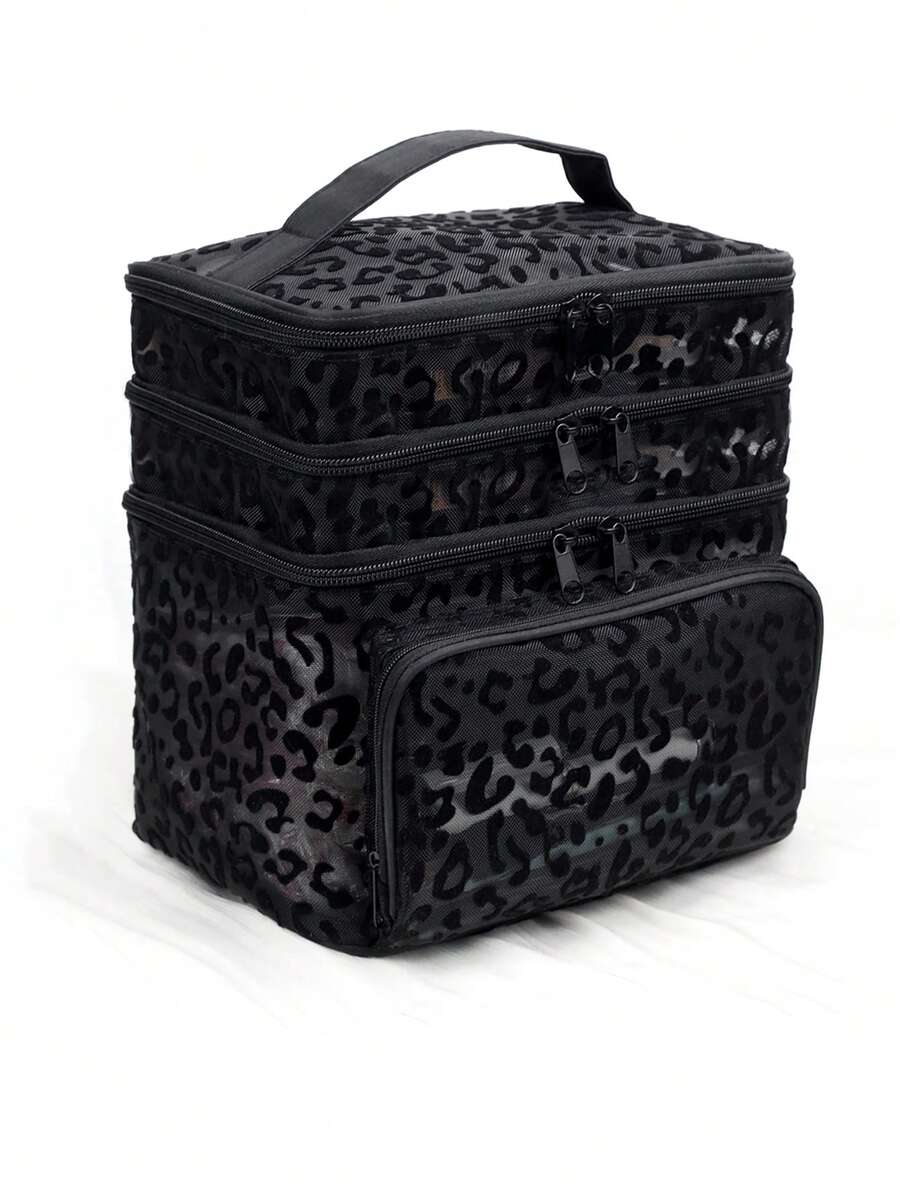 Crna minimalistička modna mrežasta torba za šminku sa leopard printom, veliki kapacitet