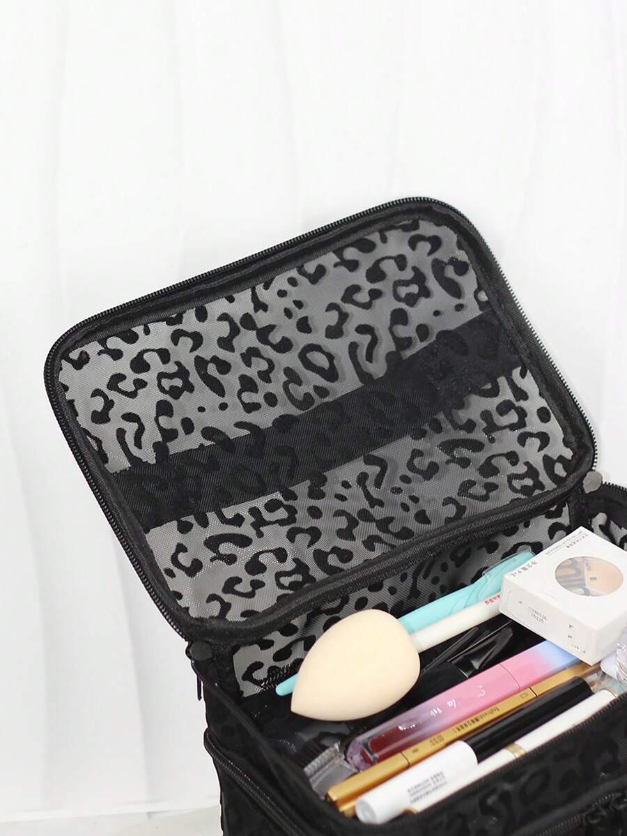 Crna minimalistička modna mrežasta torba za šminku sa leopard printom, veliki kapacitet