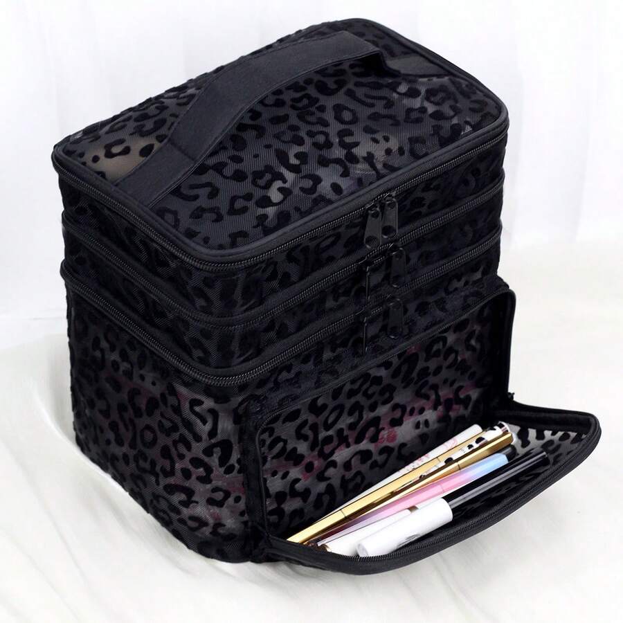 Crna minimalistička modna mrežasta torba za šminku sa leopard printom, veliki kapacitet