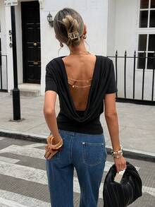 Siren Gaze Siren Gzae Backless Social Blouse Summer Tops Women's Solid Color Square Neck Short Sleeve T-Shirt Women Casual Outfits Open Back For
