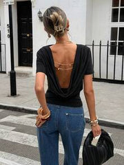Siren Gaze Siren Gzae Backless Social Blouse Summer Tops Women's Solid Color Square Neck Short Sleeve T-Shirt Women Casual Outfits Open Back For