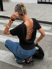 Siren Gaze Siren Gzae Backless Social Blouse Summer Tops Women's Solid Color Square Neck Short Sleeve T-Shirt Women Casual Outfits Open Back For