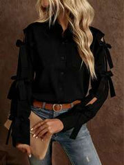 Women's Solid Color Bow Decor Long Sleeve Single-Breasted Shirt Spring Black