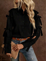Women's Solid Color Bow Decor Long Sleeve Single-Breasted Shirt Spring Black