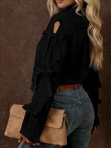 Women's Solid Color Bow Decor Long Sleeve Single-Breasted Shirt Spring Black