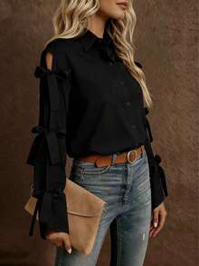 Women's Solid Color Bow Decor Long Sleeve Single-Breasted Shirt Spring Black