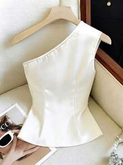 Franclia Ivory Satin Off White Asymmetric Shoulder Pearl Decor Twist Waist Asymmetrical Hem Sleeveless Top