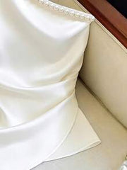 Franclia Ivory Satin Off White Asymmetric Shoulder Pearl Decor Twist Waist Asymmetrical Hem Sleeveless Top
