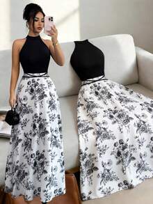 Elenzga Women's Summer New Arrival French Patchwork Sleeveless Dress, Unique Design Printed Halter Neck Contrast Color Fitted Cinched Waist Dress